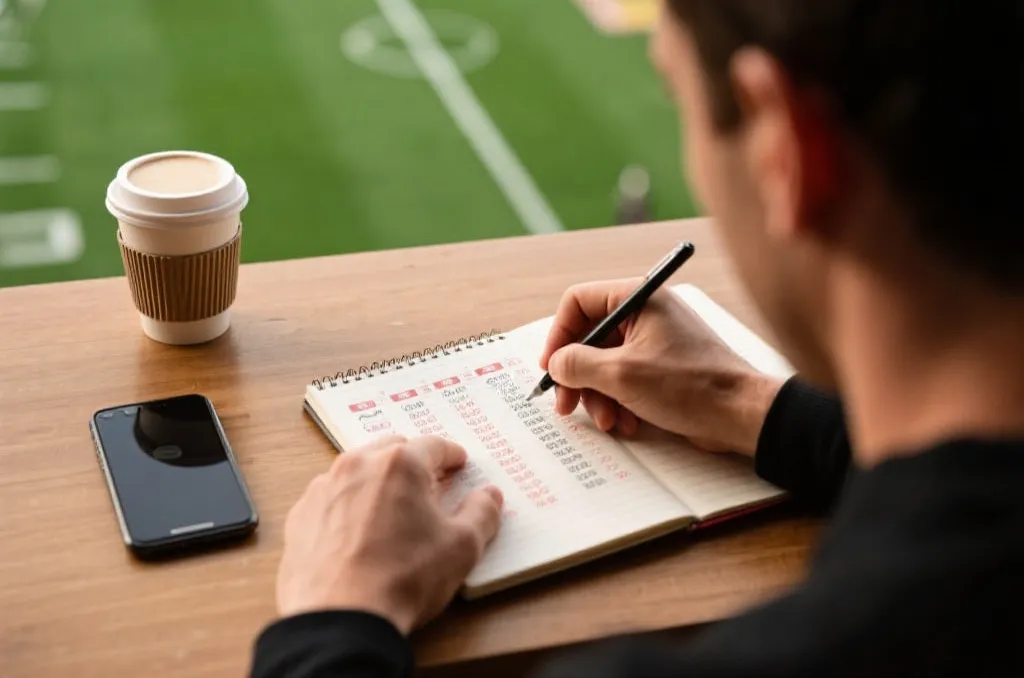 在笔记本上记录比赛投注数据的场景