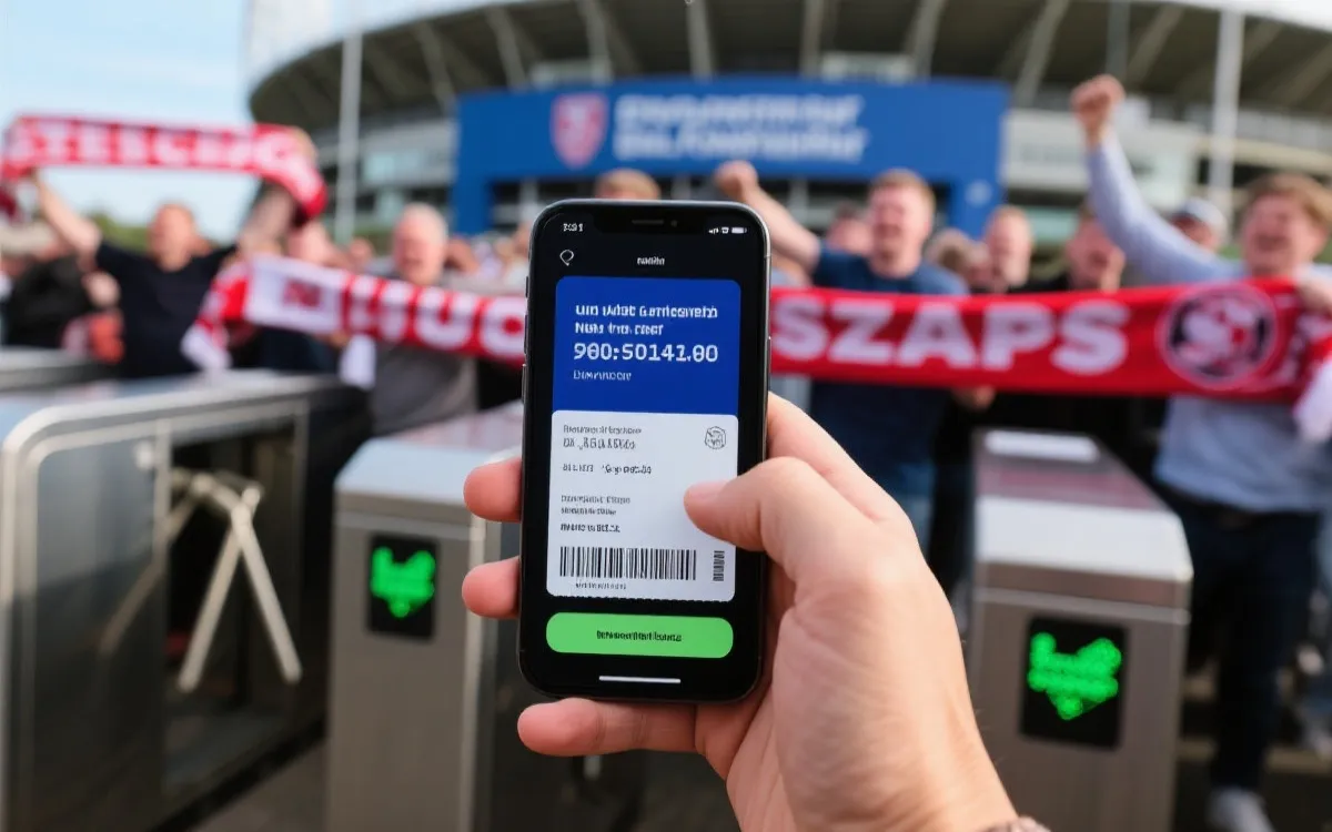 手机展示电子票与入场闸机，旁边是球迷围巾与球场导视牌
