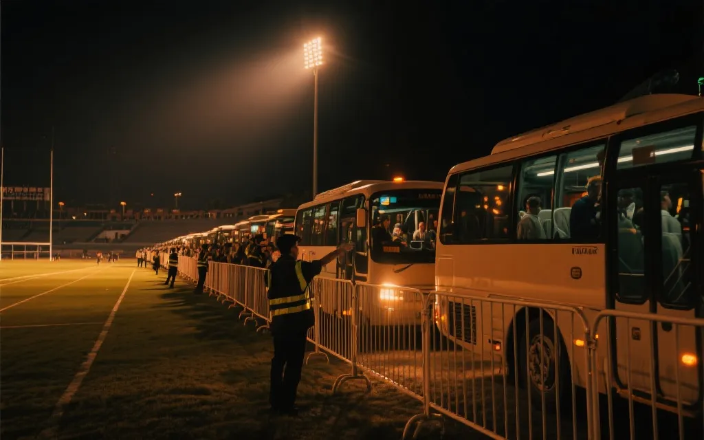 夜间球场外接驳车排队区的灯光与安全引导场景